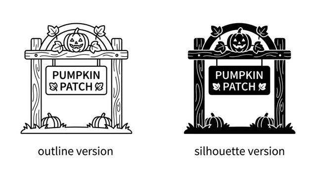 Halloween Pumpkin Patch Sign: An inviting wooden signpost for a pumpkin patch, featuring a carved pumpkin with a spooky grin, ready for autumn festivities.
