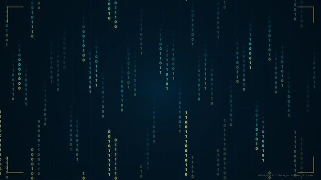 Digital binary code stream falling down on dark background for technology