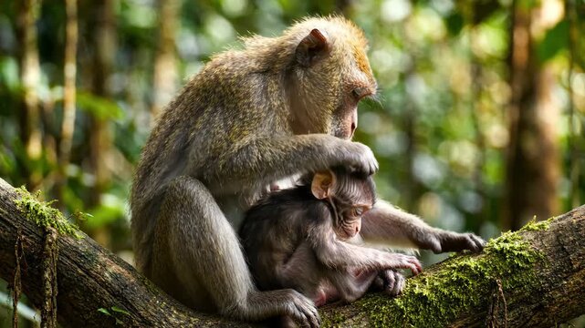 Tender Mother Macaque Cradling Baby on Mossy Branch in Lush Forest, Ideal for Wildlife Documentaries.
