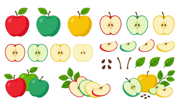 Fresh apple flat vector illustration set with whole sliced and half fruits isolated on white background