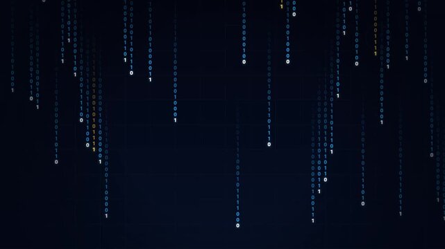 Digital binary code falling on dark background for abstract tech concept