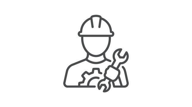 Industrial Worker Icon with Hard Hat Wrench and Gear Minimalist Black and White Technical Support