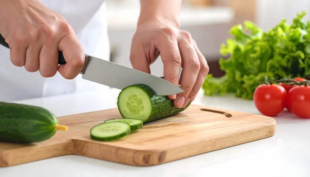 Cutting fresh cucumber for healthy meal preparation with crisp texture and natural kitchen freshness