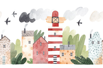 Nice town on the seashore. Old lighthouse, cute houses. Watercolor background. © bukhavets