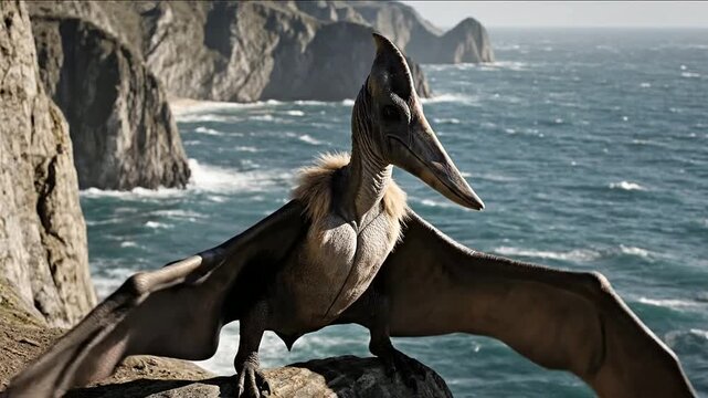 Majestic Pterosaur on Cliffside Overlooking Turbulent Ocean with Dramatic Coastal Landscape, Evoking Prehistoric Adventure and Nature's Beauty