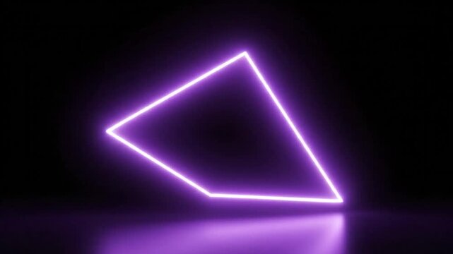 Glowing purple neon triangle rotating on a dark reflective surface.