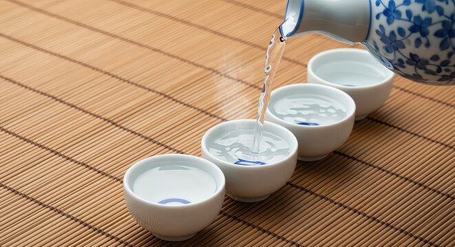 Traditional clear sake pouring from a ceramic carafe into small ochoko cups placed on a natural bamboo mat with elegant selective focus, bamboo, macro, alcohol