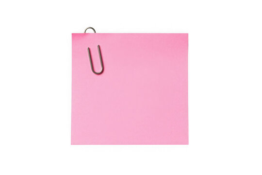 Pink square sticky note with metal paper clip isolated on transparent.