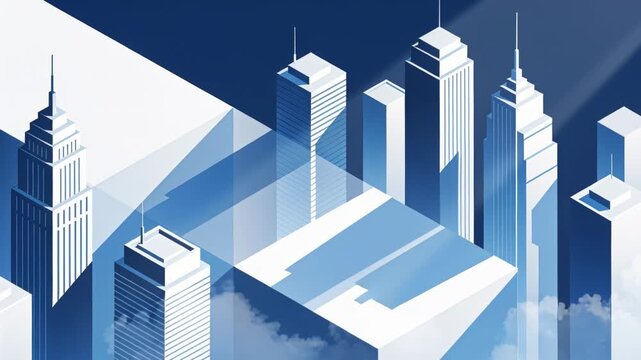 Shifting white band receiving appearing prism in isometric city, creating shadows across towers