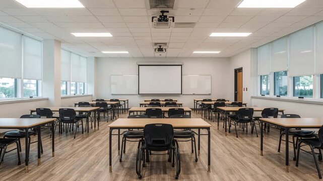 Moving camera slowly revealing empty classroom with rows of desks and projector