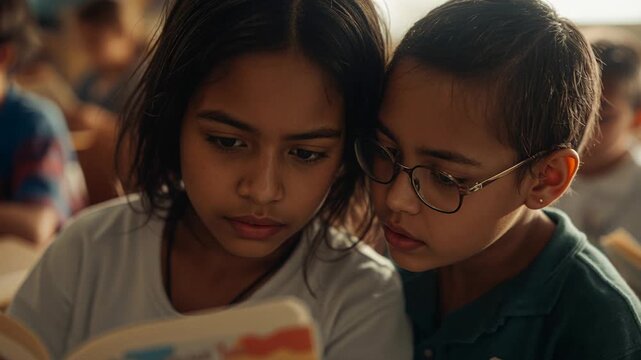 Camera focusing, left holding book, right leaning in class wearing green polo and glasses to read