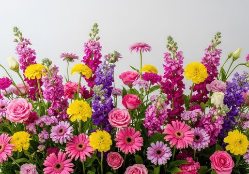 Una trama densa di fiori misti dai colori vivaci come rosa, viola e giallo, disposti in modo armonioso su uno sfondo naturale e soffice, estate, arancione, giallo