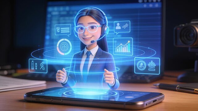Projecting from phone, assistant in blazer guiding user with gestures, revealing UI icons at desk