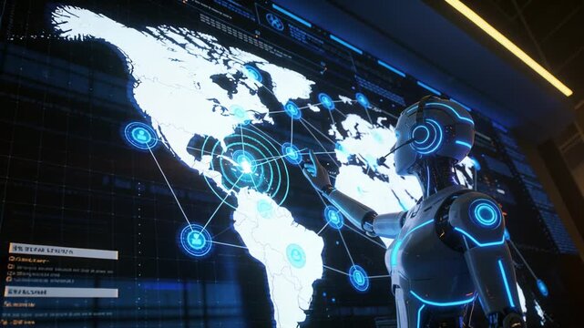 Tapping humanoid robot activating Atlantic node on map at ops center, updating links, copy space