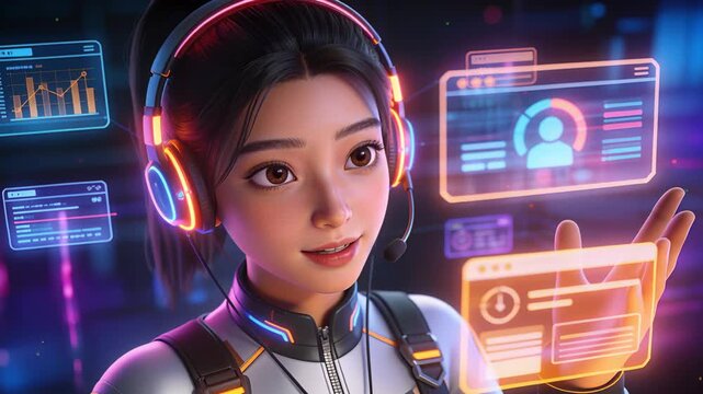Receiving data ping, tech neon-suit wearing headset touching holo card in control bay confirming ID