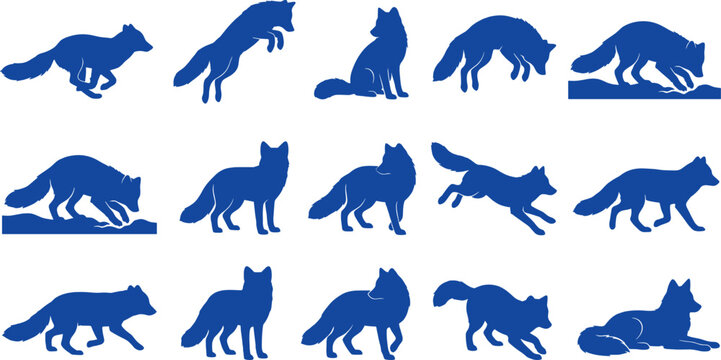 Blue fox silhouette pack displaying various running jumping and standing wild animal poses on white
