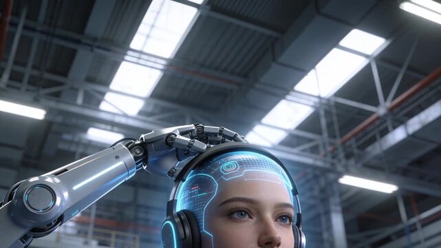 Approaching robotic arm adjusting female android headset in plant tuning circuitry for power