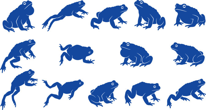 Blue toad and frog silhouette collection featuring various jumping and sitting amphibian poses on white