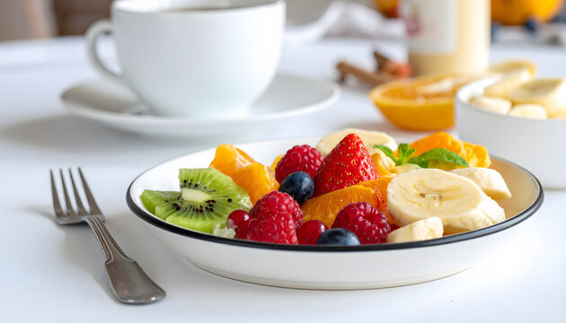 Fresh fruit breakfast plate with colorful seasonal produce for a healthy balanced morning meal lifestyle