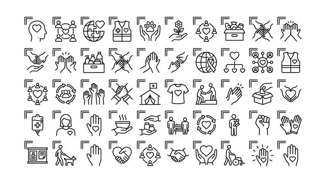 Comprehensive collection of charity volunteer and humanitarian aid line art icons illustrating global community support efforts for various causes