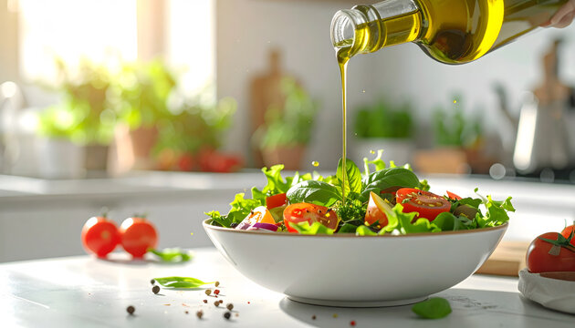 Fresh salad bowl with olive oil drizzle in clean kitchen promoting healthy eating and fresh lifestyle