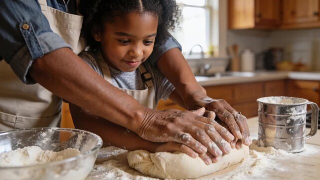 Kneading child and adult in aprons guiding teaching at kitchen counter, shaping dough with sifter