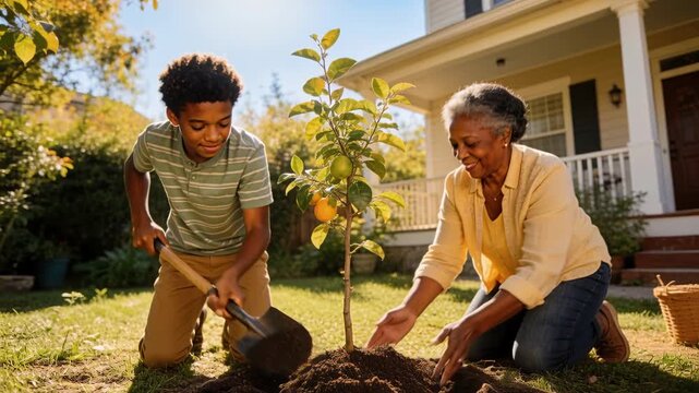 Digging teenage boy scooping soil with shovel in front yard, woman planting small fruit sapling