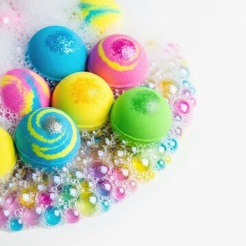 Vibrantly colored bath bombs sit atop a plush bed of multi-colored bubbles and thick soap foam, creating a sensory spa-like visual scene, splashing, wellness, blue