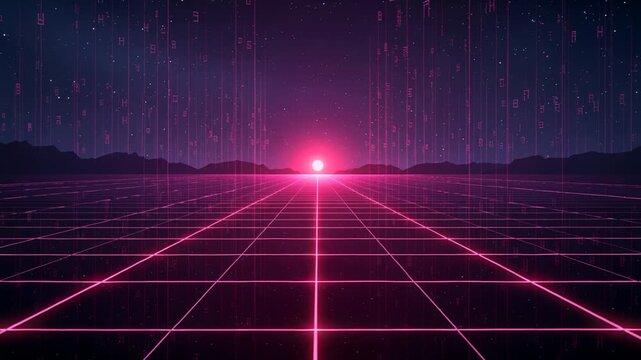 Playback starting, pulsing magenta orb and grid glowing at horizon as glyphs fall, looping