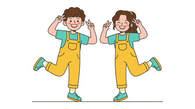 Cute Kids in Yellow Overalls: Two happy children, a boy and a girl, striking a pose with peace signs and cheerful smiles. Dressed in bright yellow overalls, they exude playful energy and innocent joy.