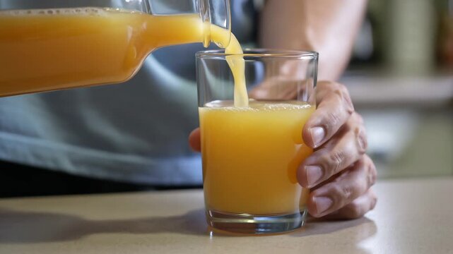Hands in shirt pouring orange juice, tilting clear pitcher and filling glass on kitchen counter