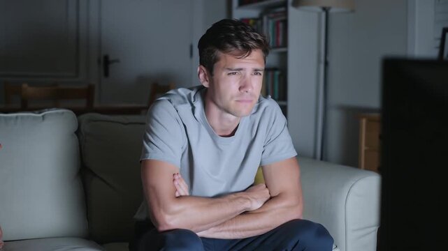 Reacting man in light grey tee folding arms, frowning toward screen glow on sofa at home