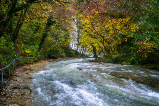 Sugarloaf waterfall flows over rocks in autumn colors in France near Surjoux in Ain
