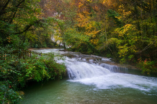 Water flows over rocks surrounded by autumn leaves in Ain, France with colorful trees in the background