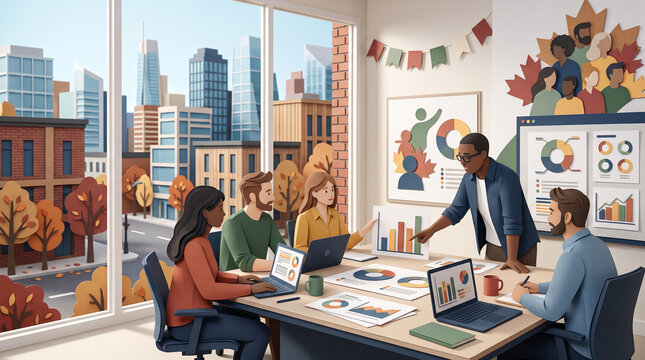 3D paper cut style illustration of a business team meeting discussing infographic charts in an office room set against an autumn city view window.