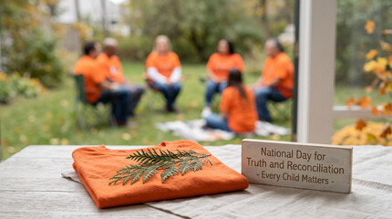 A Thuja occidentalis cedar branch placed on a folded orange t-shirt alongside a wooden plaque reading National Day for Truth and Reconciliation on a table.