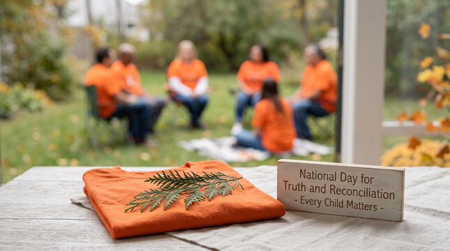 A Thuja occidentalis cedar branch placed on a folded orange t-shirt alongside a wooden plaque reading National Day for Truth and Reconciliation on a table.