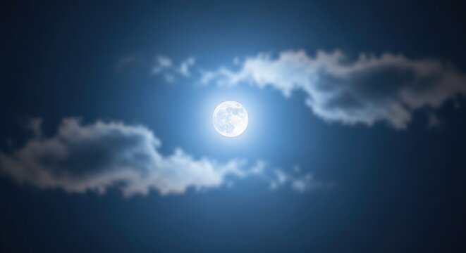Stunning Full Moon Shining Brightly Through Wispy Clouds at Night.