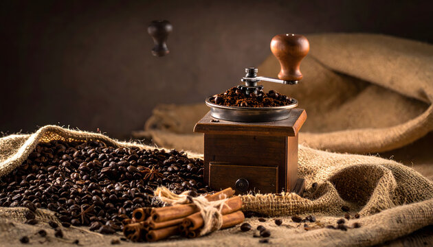 Fresh coffee beans being ground for rich aromatic brew artisan coffee preparation close up scene