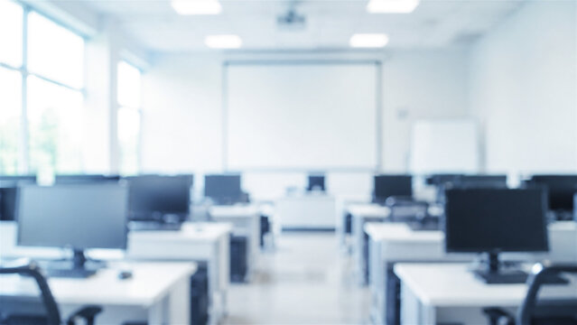 blurred office interior with rows of empty computer desks. Modern workspace and training room environment. Corporate business setting for professional development and education