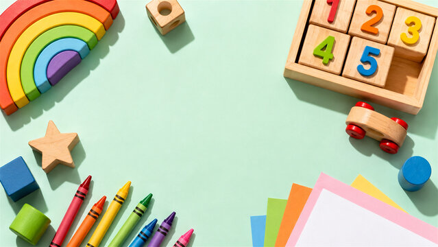 colorful wooden toys and crayons set for creative education. Kids nursery accessories with arithmetic block and rainbow shape on light green background. Preschool learning concept