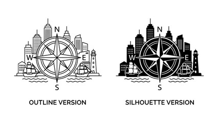 Navigation Through Urban Landscape: A striking visual pairing of two compass illustrations, one outlined and one silhouetted, superimposed over vibrant cityscape and nautical elements. © Ajm