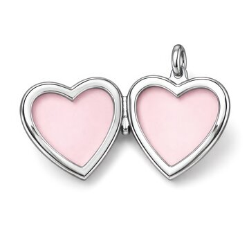 Silver heart-shaped locket with pink inserts, open to show both sides.