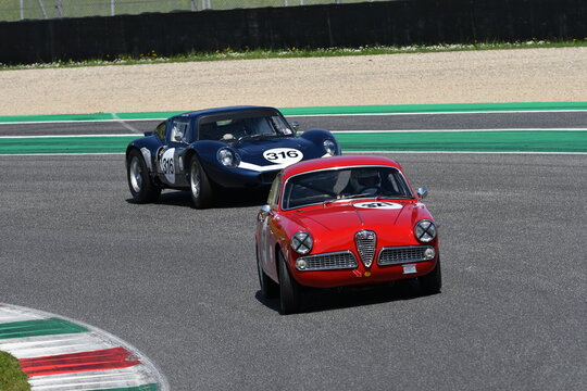 Scarperia, Italy - April 5th 2024: Alfa Romeo Giulietta Sprint Veloce 1961 drive by unknown in action during Mugello Classic 2024 at Mugello Circuit in Italy.