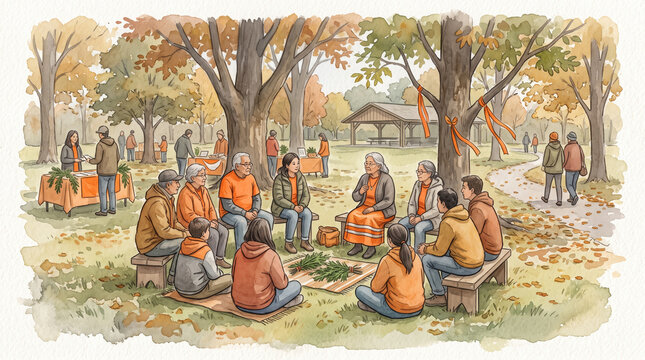 Watercolor painting showing a group of people in orange shirts sitting in a circle in the park listening to an indigenous female elder.