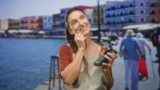 Woman wearing apron holding a dataphone with hand to chin on a street by water; contentment small business.