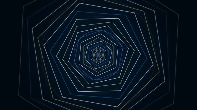 Abstract tunnel of neon geometric heptagon shapes rotating on dark background