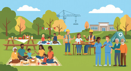 Fototapeta premium Miniature style illustration of an inclusive autumn community festival featuring a performance stage, educational booths, and various activities.