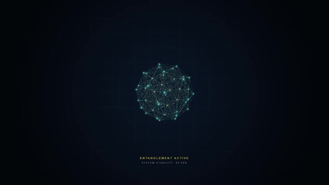 Glowing quantum superposition abstract sphere with data grid background