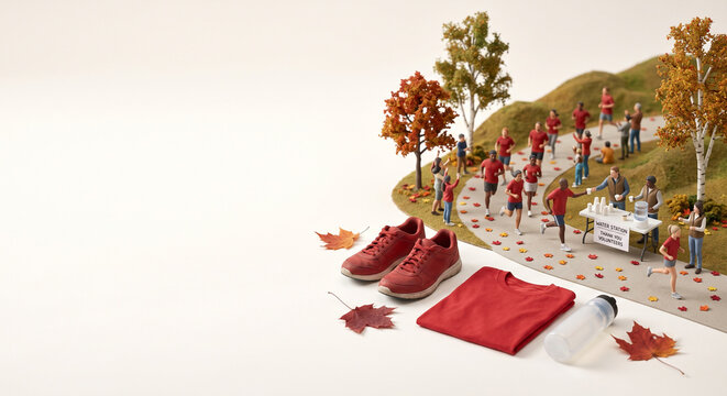 Flat lay composition of a miniature diorama mockup of an autumn marathon with a pair of red running shoes folded t-shirt water bottle and dry maple leaves